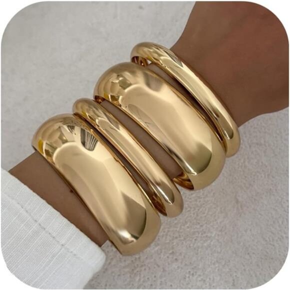 Chunky Bangle Bracelet | Gold & Silver Tone | Minimalist Stacking Jewelry - Picture 1 of 3